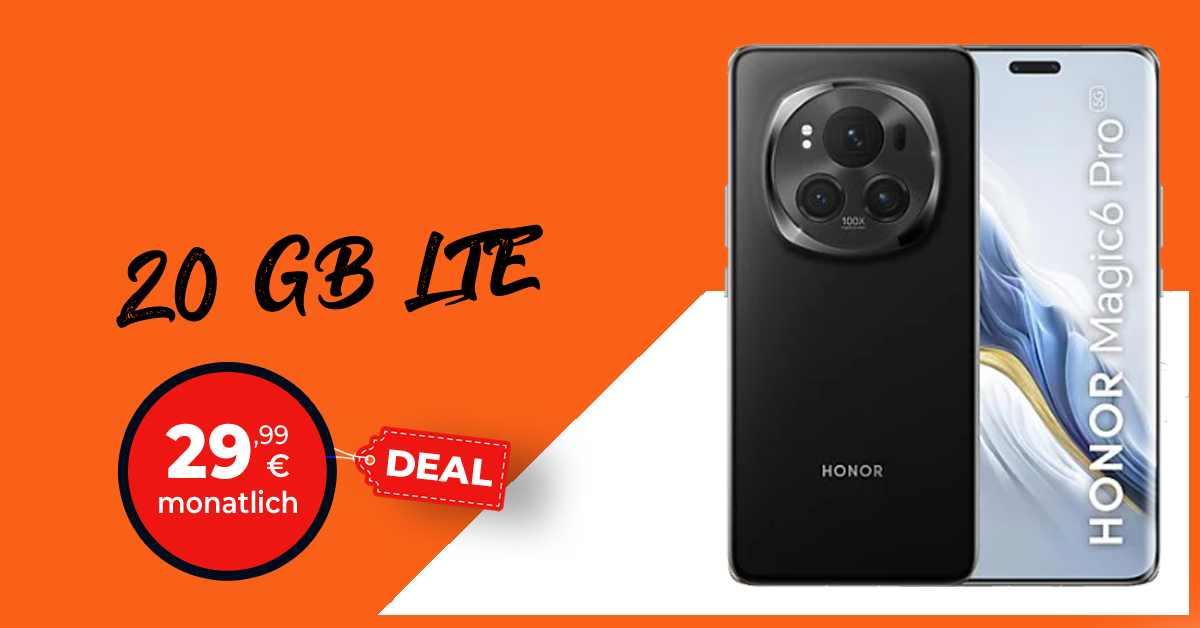 Honor Magic 6 Pro für einmalig 29 Euro mit 20GB LTE und 50 Euro Wechselbonus bei Rufnummermitnahme nur 29,99 Euro monatlich