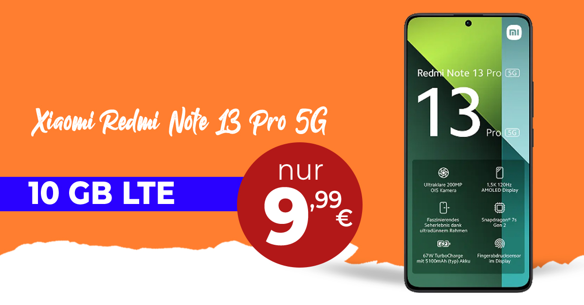 Xiaomi Redmi Note 13 Pro -256GB- für einmalig 49 Euro mit 10GB LTE und 30 Euro Wechselbonus bei Rufnummermitnahme nur 9,99 Euro monatlich