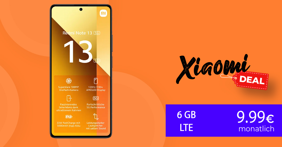 Xiaomi Redmi Note 13 für einmalig 19 Euro mit 6GB LTE nur 9,99 Euro monatlich