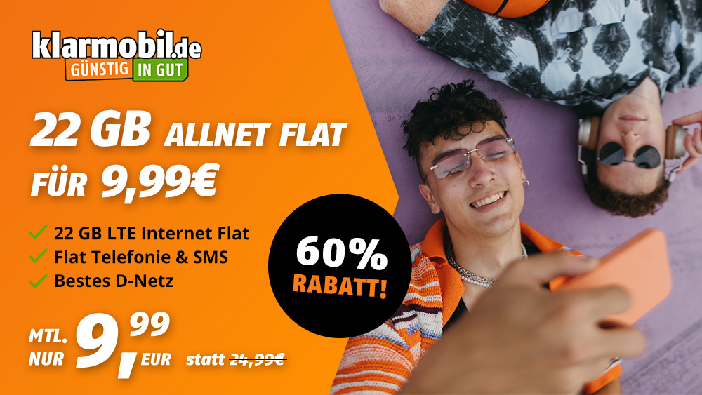 22GB LTE (bis zu 50 Mbits) Allnet Flat im Telekom Netz für nur 9,99 Euro monatlich - kein Anschlusspreis